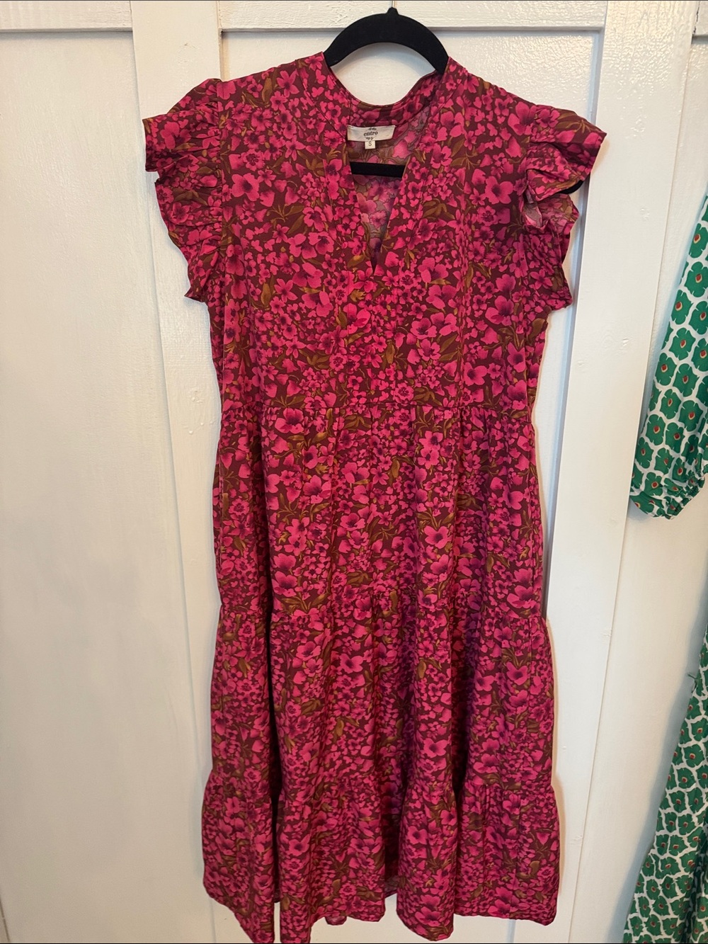 Bright Pink Floral Tiered Midi Dress
